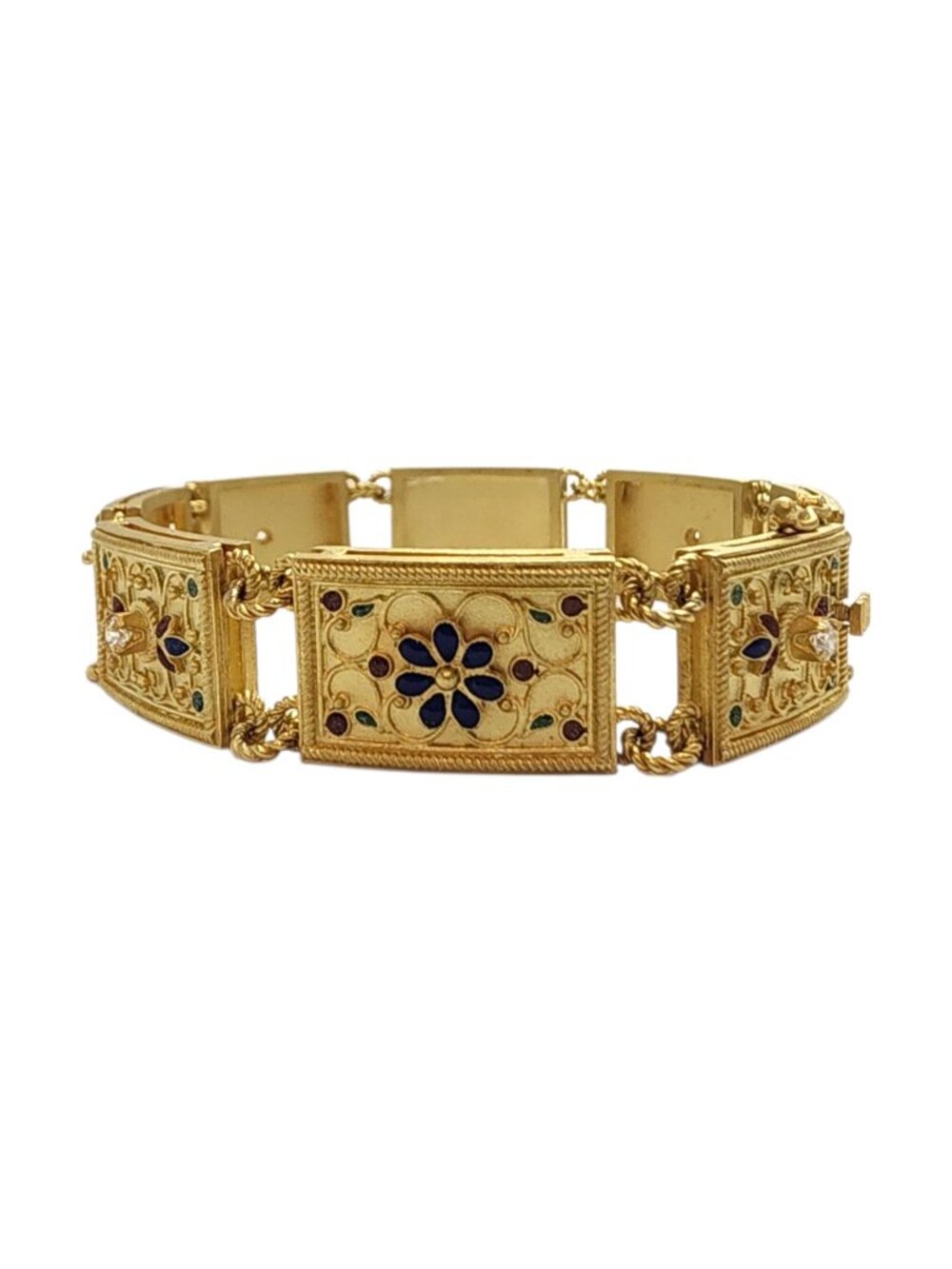 18K Yellow Gold Diamond Enamel Floral Panel Bracelet #26123